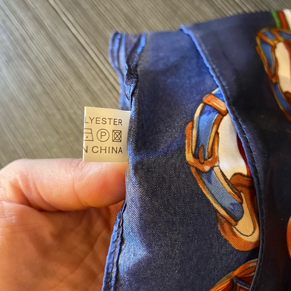 Large Vintage Square Silky Scarf w/ Blue, Pink & Gold Designs - Picture 7 of 7